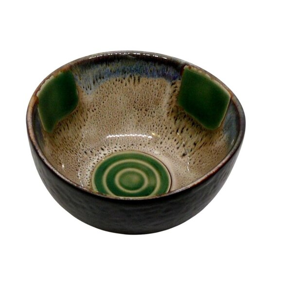 Ceramic Rice Bowl with Textured Black Exterior & Green/Beige Interior Vintage - Picture 2 of 5